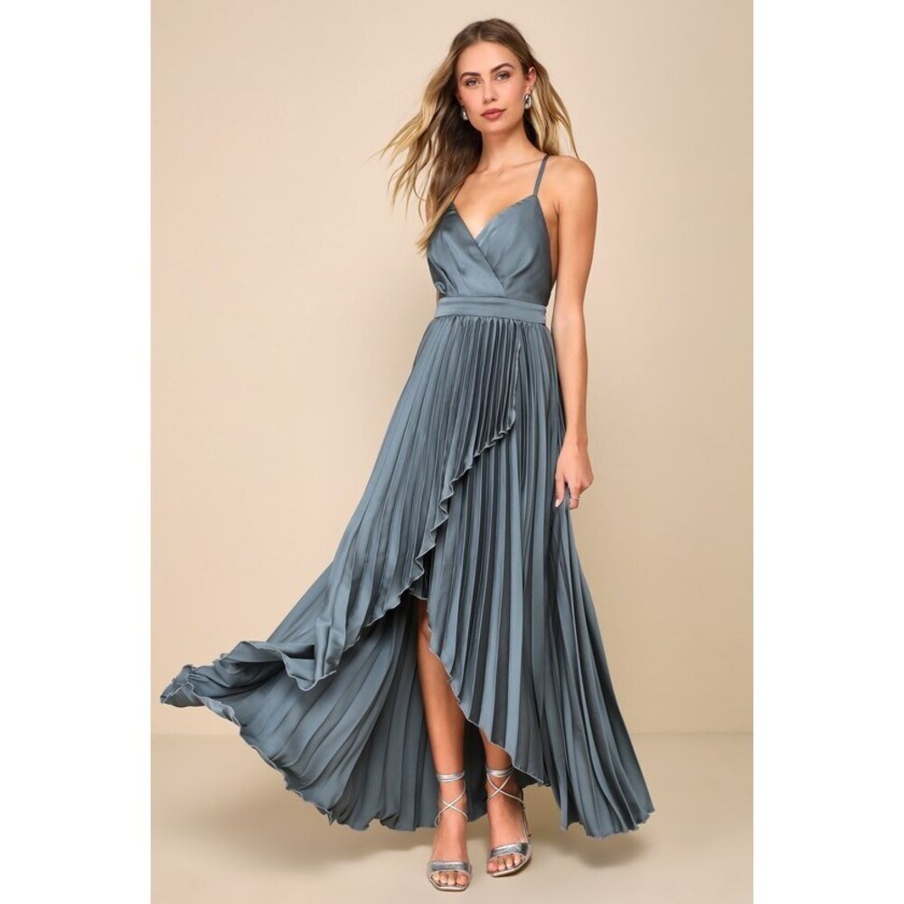 NWT Ultimate Charm Dark Sage Grey Satin Pleated High-Low Maxi Dress